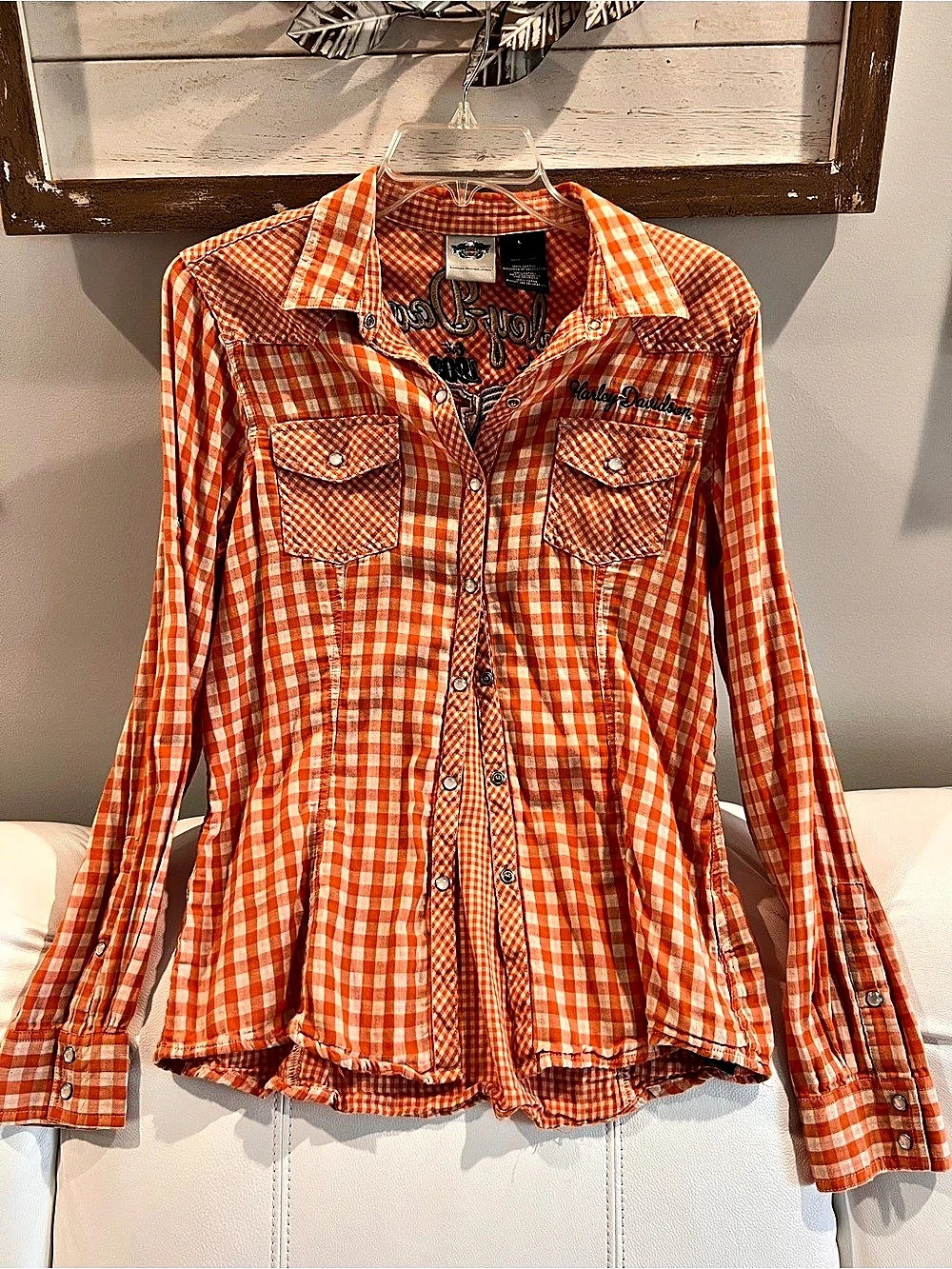 Harley-Davidson Gingham Button Down Shirt Orange & White Large